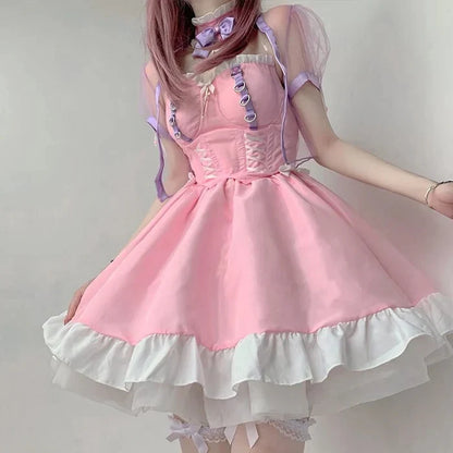 Layered white ruffle hem detail on Pink Princess Lolita maid corset dress