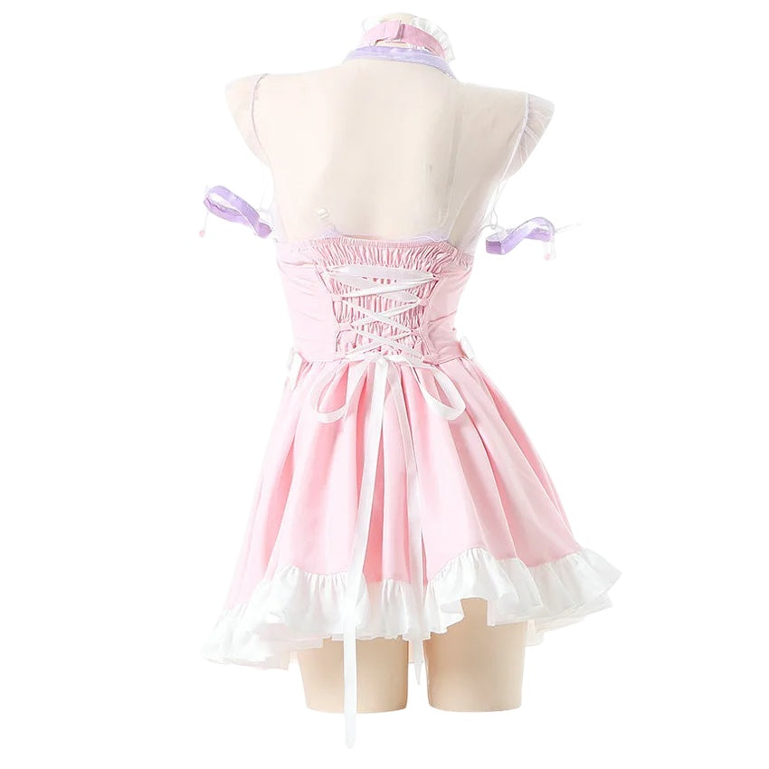 Model wearing Pink Princess Lolita maid corset dress, back view, sweet lolita style
