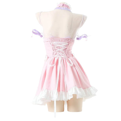 Model wearing Pink Princess Lolita maid corset dress, back view, sweet lolita style