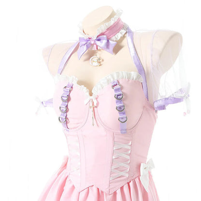 Model close up showing corset lacing and choker on Pink Princess Lolita dress