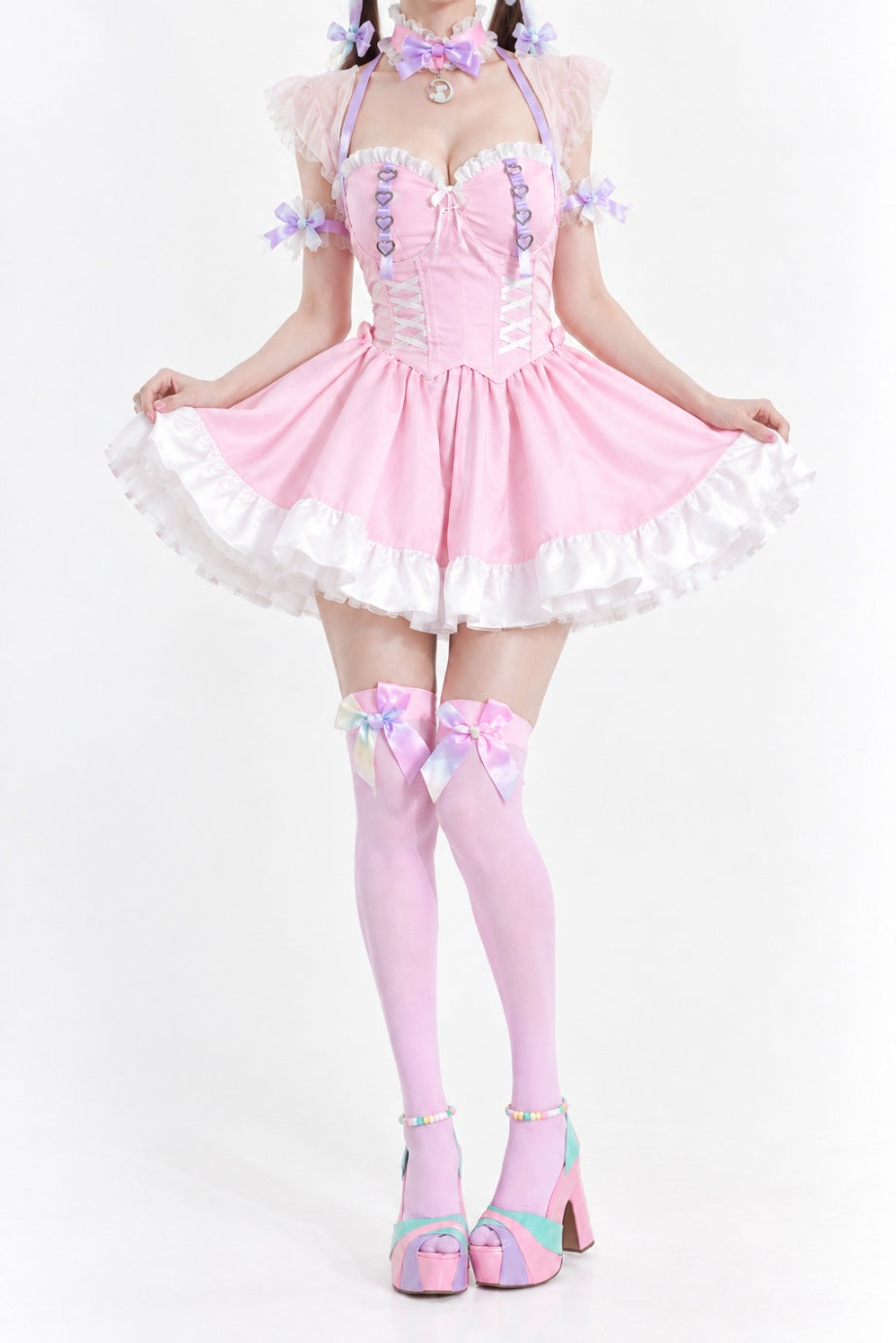 Model wearing full Pink Princess Lolita maid corset dress coordinate, DDLGirl style