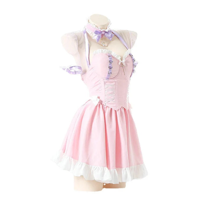 Model wearing Pink Princess Lolita maid corset dress in outdoor photoshoot setting