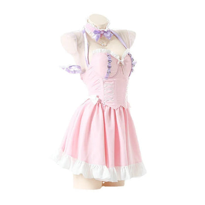 Model wearing Pink Princess Lolita maid corset dress in outdoor photoshoot setting