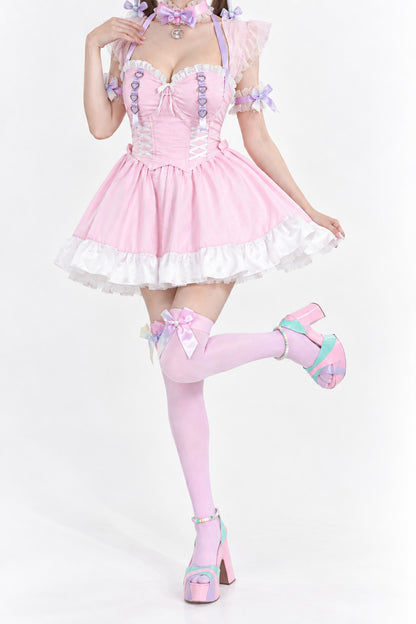 Model posing in Pink Princess Lolita maid corset dress with bow choker
