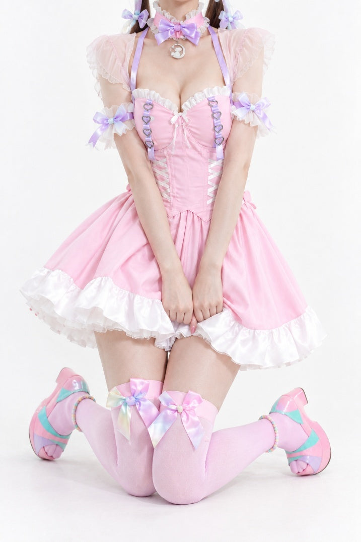 Model showing off Pink Princess Lolita maid corset dress skirt volume, DDLGirl style