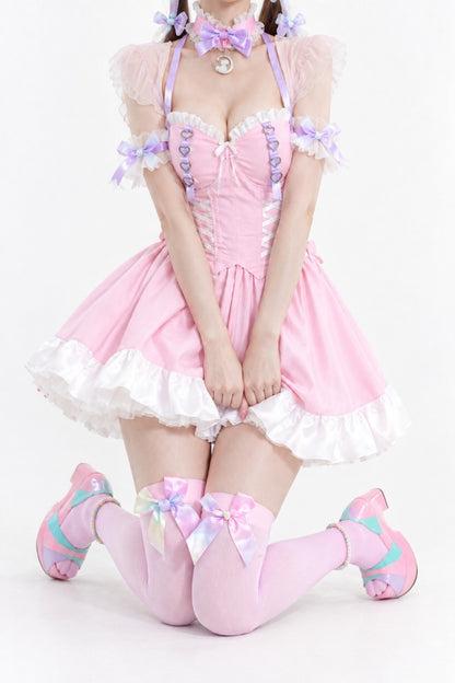 Model showing off Pink Princess Lolita maid corset dress skirt volume, DDLGirl style