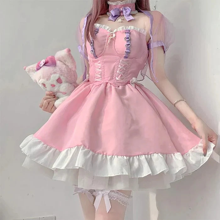 Model wearing Pink Princess Lolita maid corset dress, side angle, DDLGirl style