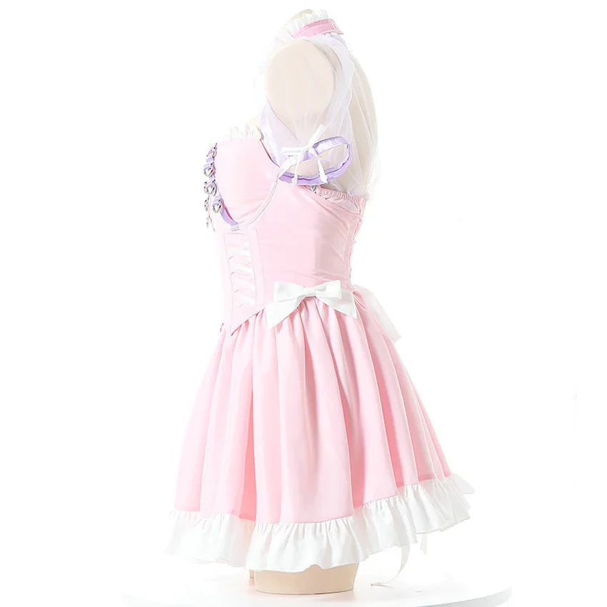 Model twirling in Pink Princess Lolita maid corset dress showing skirt movement