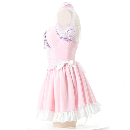 Model twirling in Pink Princess Lolita maid corset dress showing skirt movement