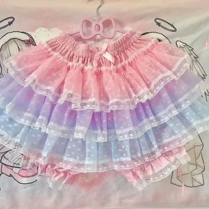 Princess Puff Ruffle Mini Skirt with pink, purple, and blue pastel ruffles