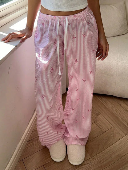 Pink Ribbon Striped Soft Slay Pants, cozy wide-leg fit for Kawaii Soft Girl style