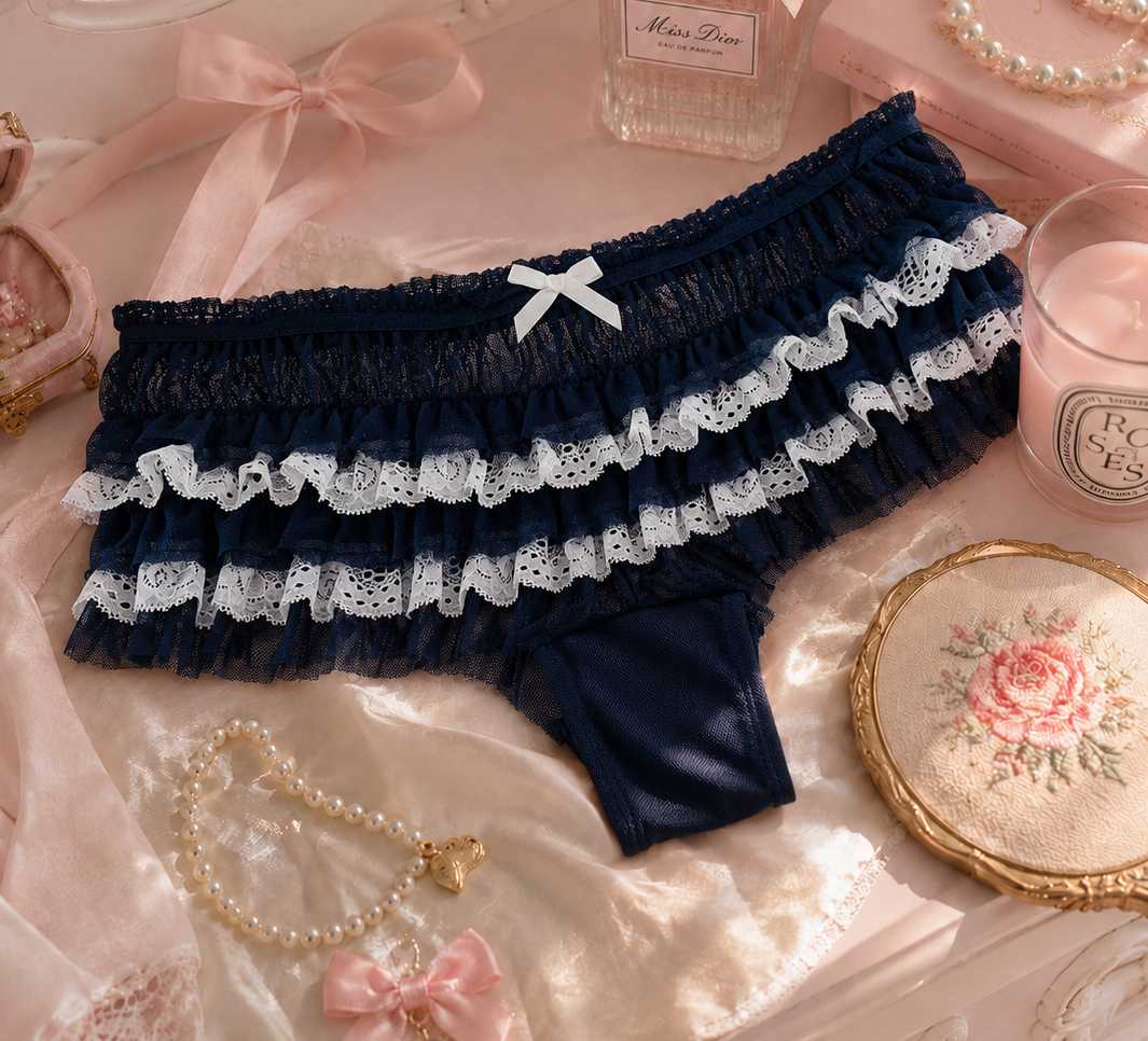 Black and white ruffle Lolita panties with lace trim and bow, monochrome kawaii DDLGirl soft girl look