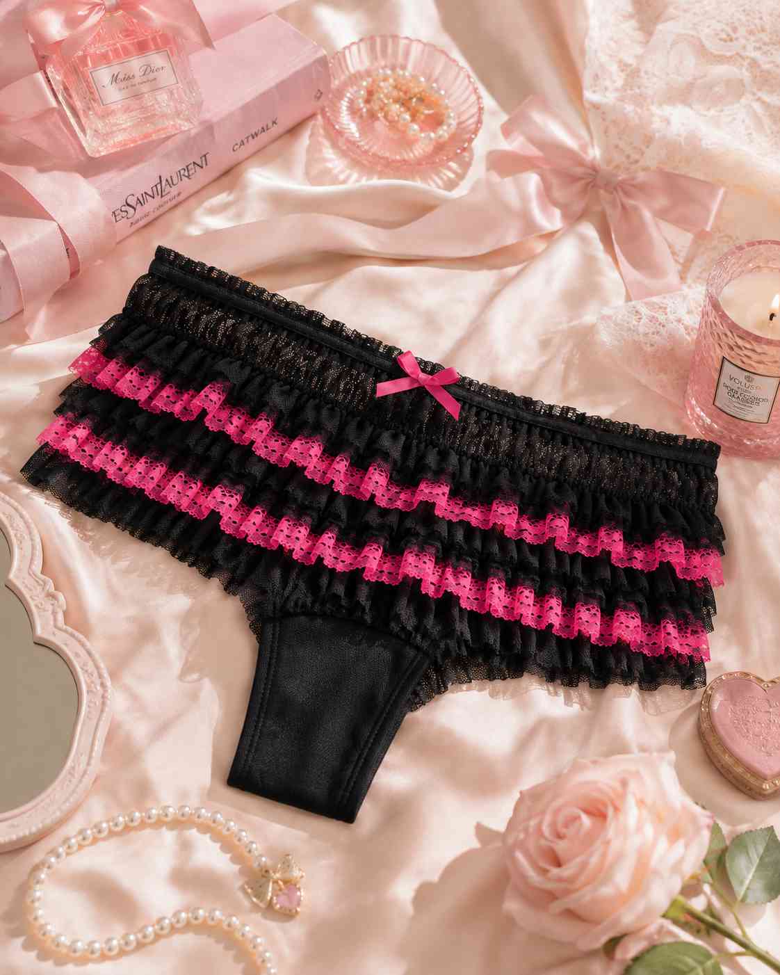 Flat lay of hot pink and black ruffle panties with tiered lace, cutecore DDLGirl wardrobe essential