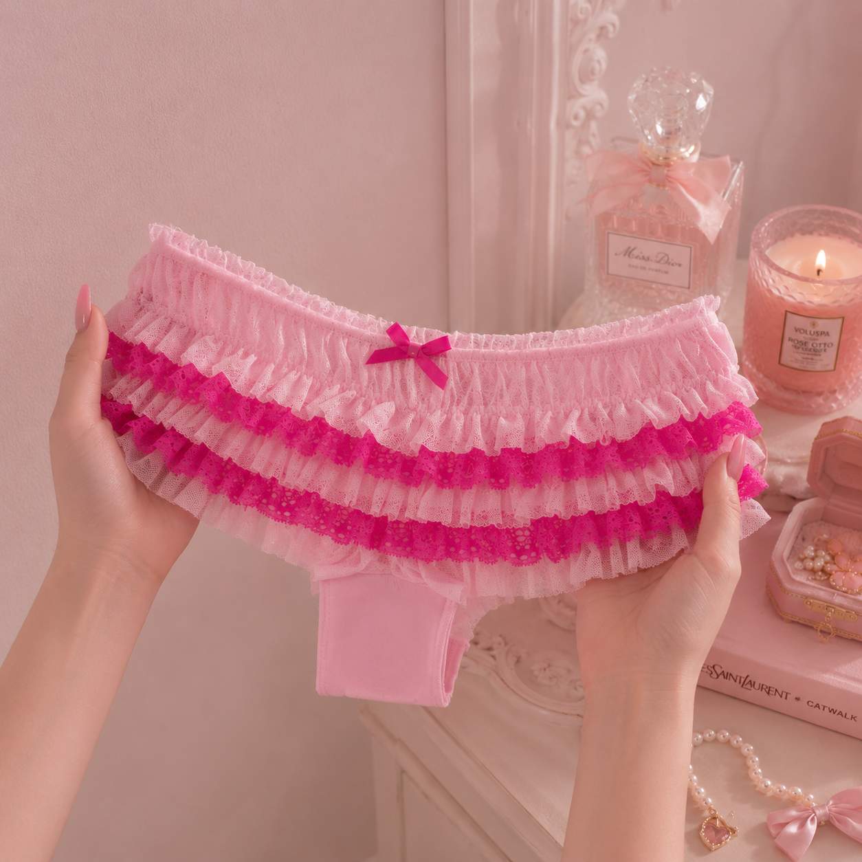 Soft pink mesh with vibrant lace trim texture on Lolita ruffle panties, kawaii DDLGirl accessory