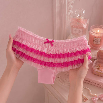 Soft pink mesh with vibrant lace trim texture on Lolita ruffle panties, kawaii DDLGirl accessory