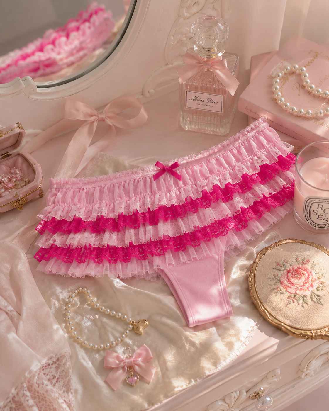 Pink ruffle Lolita panties in pastel and hot pink mesh with hot pink lace trim, kawaii DDLGirl style 