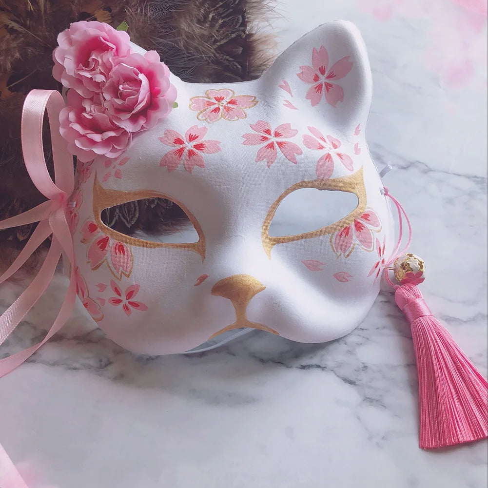 Front view of Pink Sakura Roleplay Eye Mask, soft pastel pink and adjustable fit for ddlg sessions