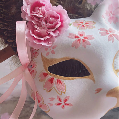 Side view of Pink Sakura Eye Mask, showing soft plush material and kawaii pastel details