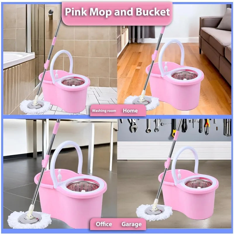 Pink spin mop and bucket set ideal for cleaning kitchen, bathroom, and living room floors
