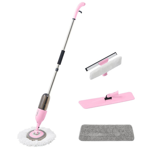 3-in-1 pink spray mop set with flat, round, and squeegee heads for versatile home cleaning