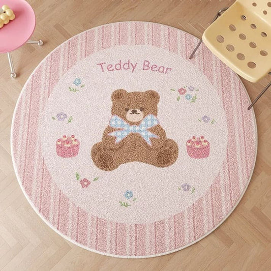 Pink teddy bear carpet in 200cm round shape, soft kawaii rug perfect for nursery, playroom, or cozy bedroom decor