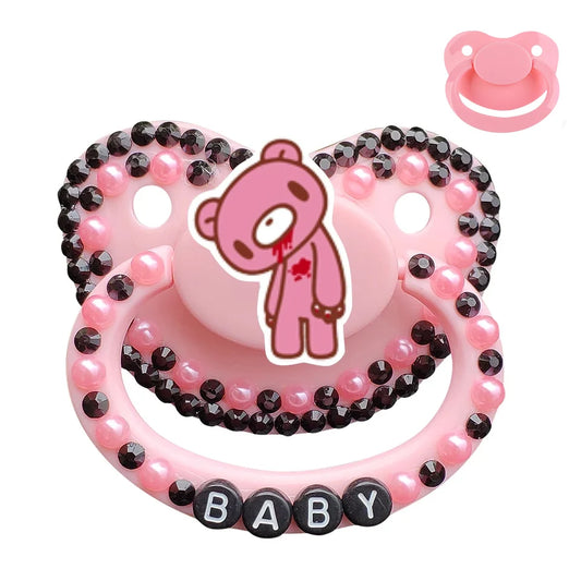 Pink teddy cuddles pacifier with custom BABY beads, pastel pink and black for DDLG, ABDL, and babycore littlespace
