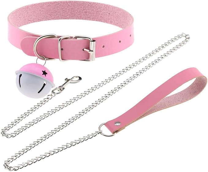 Adjustable vegan leather Pink Temptation Choker with chain and bell for DDLG kawaii babygirl cutecore little space everyday looks