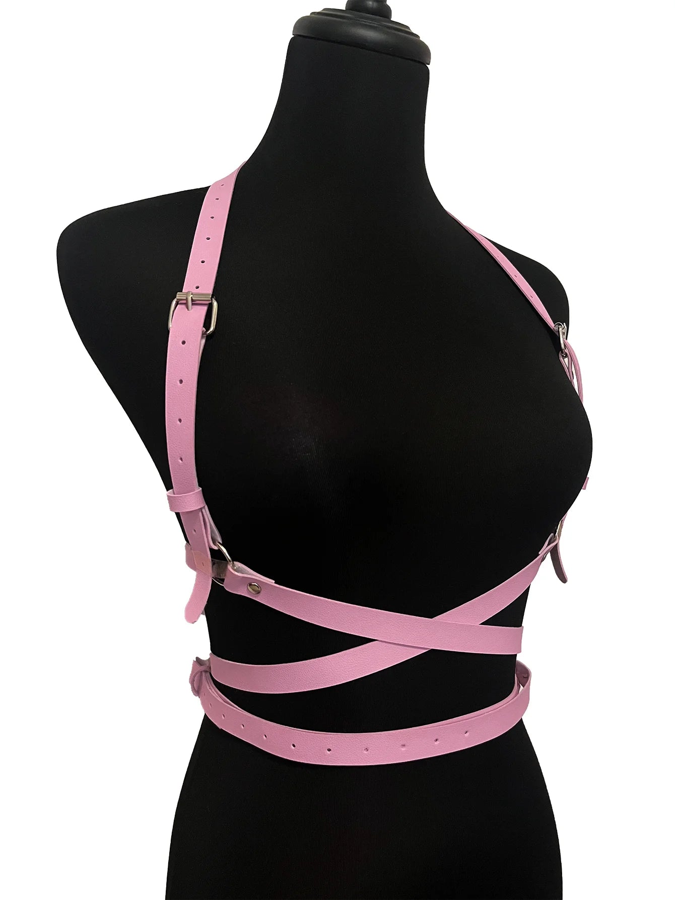 Close-up of straps, sleek under-bra design, edgy and playful for fetish play