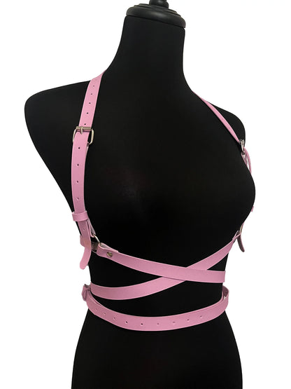 Close-up of straps, sleek under-bra design, edgy and playful for fetish play