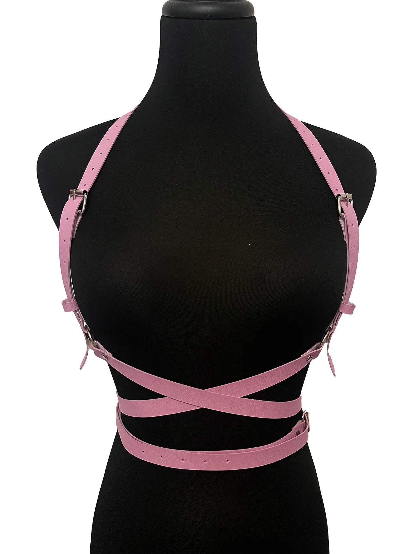 Front view of harness, strappy detail and playful edgy energy, perfect for roleplay