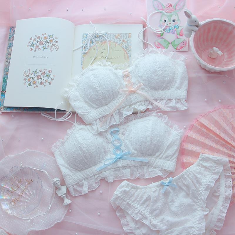 Pink bra & panty Vanilla Doll Ruffle Set, cute dollcore lingerie with playful ribbons, pastel soft girl aesthetic