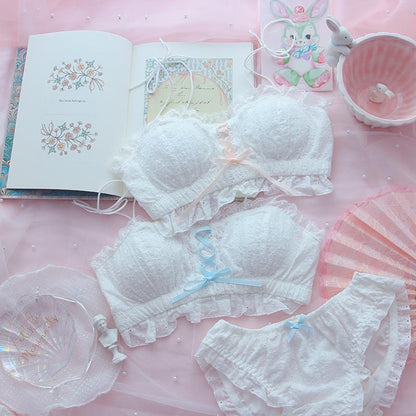 Pink bra & panty Vanilla Doll Ruffle Set, cute dollcore lingerie with playful ribbons, pastel soft girl aesthetic
