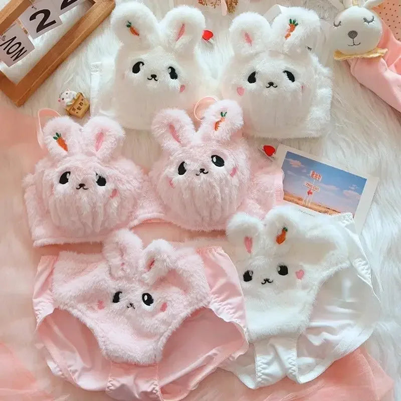 Pink or white fuzzy Bunny bra and panties set, cozy kawaii cutecore fit for magical alone or flirty moments