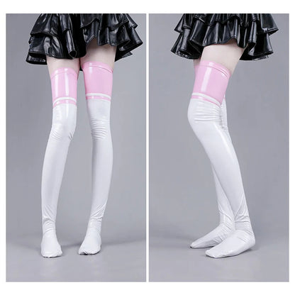 pastel pink and white latex paws stockings with animal play design, ideal for kawaii cosplay and DDLG