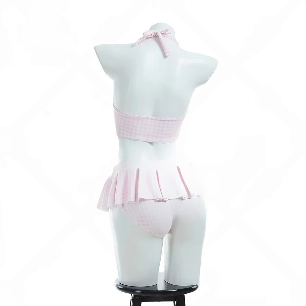 Pink white plaid mini skirt set for cute ddlg kawaii baddie outfit aesthetic
