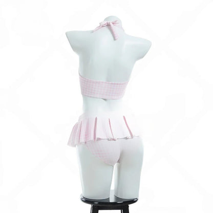 Pink white plaid mini skirt set for cute ddlg kawaii baddie outfit aesthetic