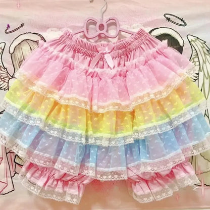 Princess Puff Ruffle Mini Skirt in pastel pink, yellow, and blue ruffle layers