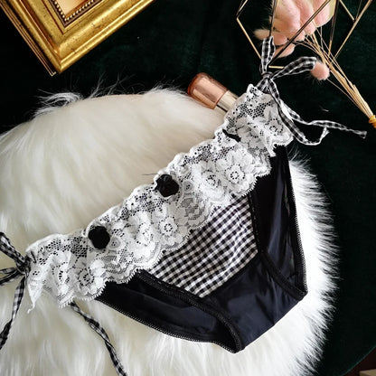 Black plaid cutie panties featuring delicate lacy trims and side laces, perfect for kawaii and dollcore outfits