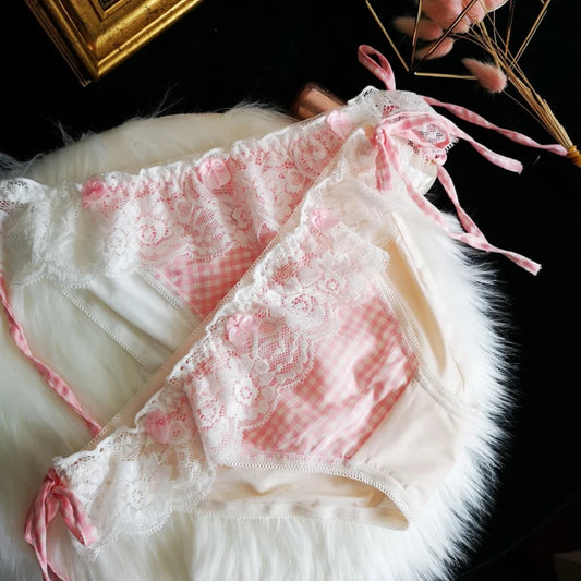 Pastel pink plaid cutie panties with delicate lacy trims and side laces, playful cutecore design
