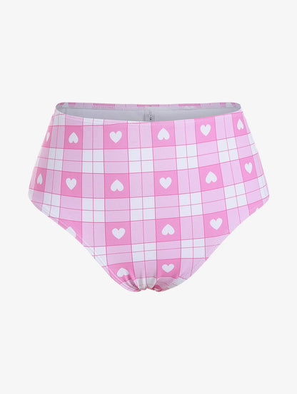 Plaid heart bikini set for curvy DDLG girls, playful three-piece design with crop top, skirt & high-waist brief