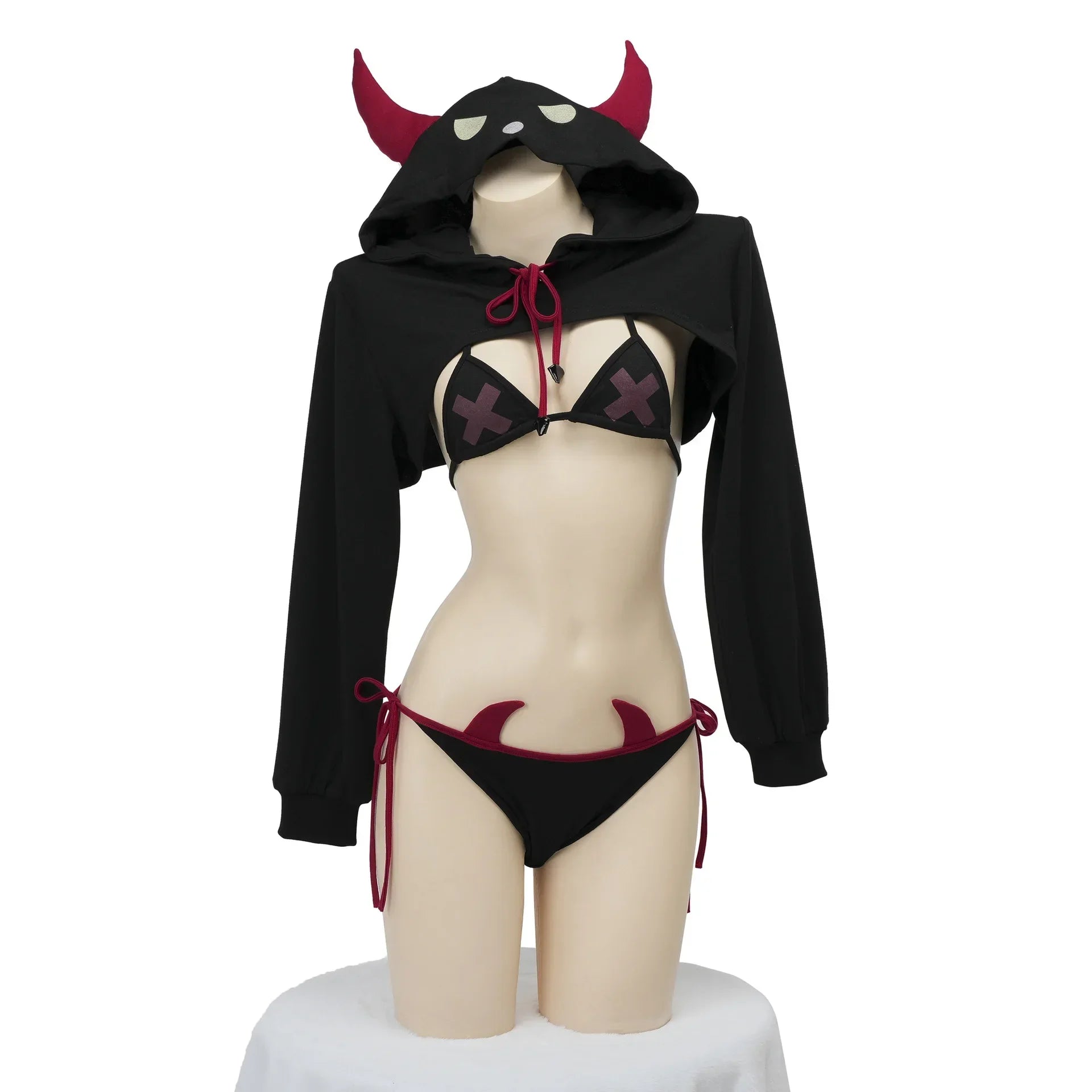 Playful Little Cheeky Demon Cosplay Set in dark red and black with horns, cross bra, and flirty kawaii DDLG details perfect for mischievous looks