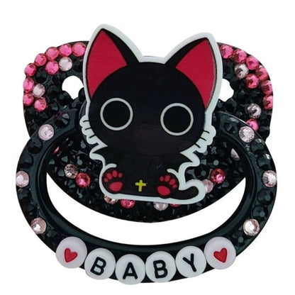 Soft silicone nipple pacifier with mysterious black cat design and “baby” detail, made for DDLG, ABDL, and comforting little space play.
