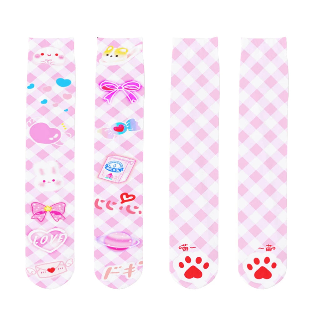 Playful pastel stockings with bunny, puppy, ribbons, hearts, and paw prints, perfect for kawaii/DDLG fashion