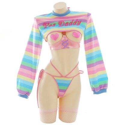 Close-up of Playtime With Daddy Full Set accessories including chest brace, nipple patches, and bolero crop, multicolor, cutebaddie, DDLG playful outfit