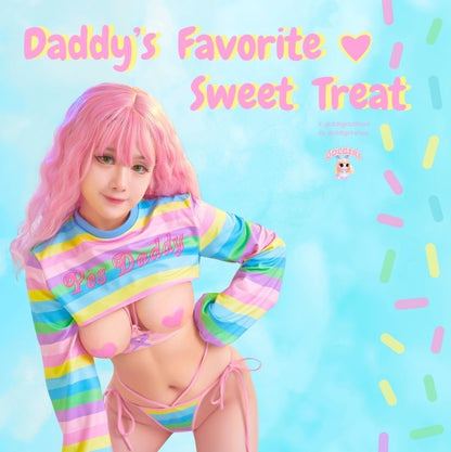 Playtime With Daddy Full Set – multicolor ddlg crop top with “Yes Daddy” bolero, matching panty, nipple patches, thigh-high socks & chest brace for playful roleplay