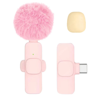 Plug-and-play wireless microphone in pink, compatible with iPhone, Android, PC, and camera