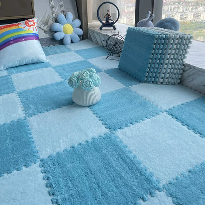 Soft foam play mat in blue and light blue with interlocking design, perfect for littles’ play or nap area