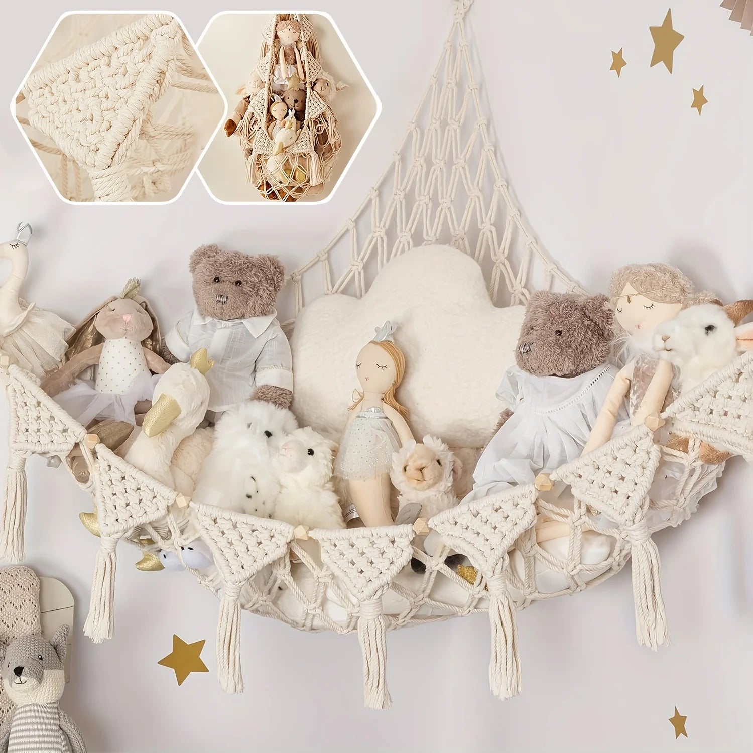 plushie storage hammock installed in bedroom displaying dolls and stuffed animals for cutecore room decor