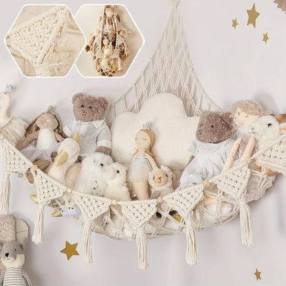 plushie storage hammock installed in bedroom displaying dolls and stuffed animals for cutecore room decor