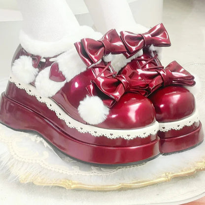Red Pom Pom Angel Baby Platform Shoes with elegant ribbons and soft trim, perfect for babycore and ABDL styles